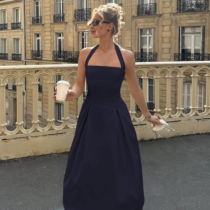 Women's Maxi Dress with Square Neckline and Waist Tie