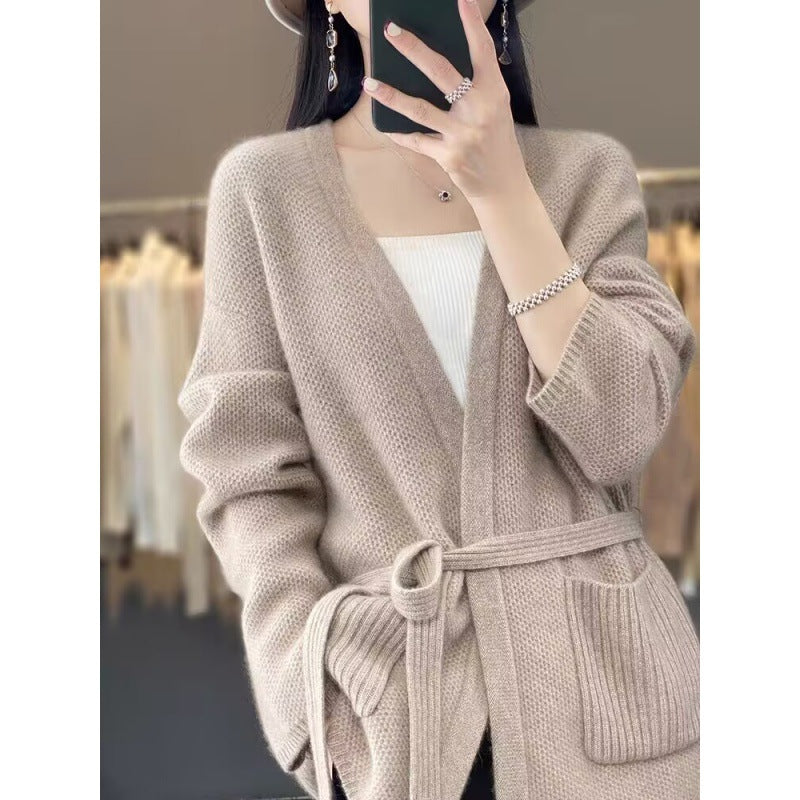 Women's Comfortable Cardigan with Waist Belt and Pockets