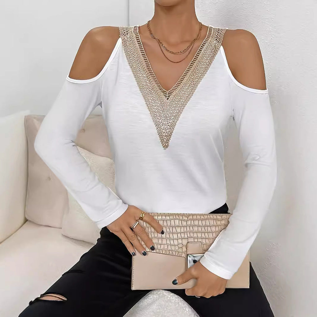 Women's Elegant Long-Sleeve Shirt with Decorative Neckline