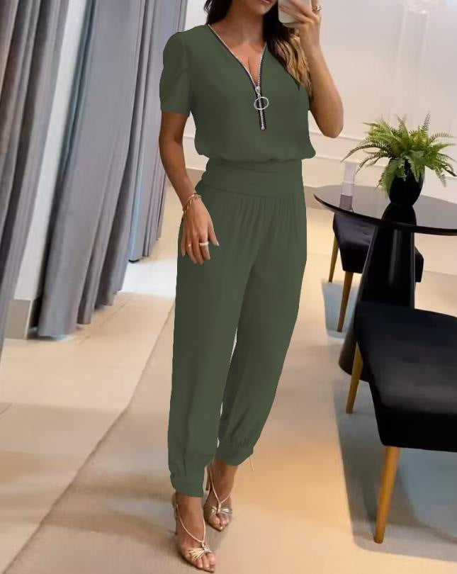 Women's Casual Jumpsuit with Zipper and Elastic Waist