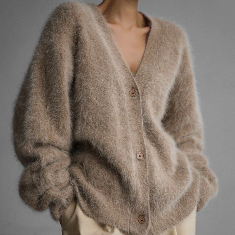 Women's Fluffy Cardigan with V-Neck and Oversized Cut