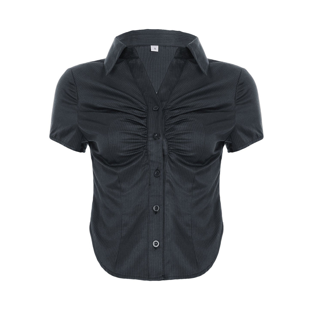Women's Short Sleeve Blouse with Ruching and Button Placket