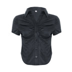 Women's Short Sleeve Blouse with Ruching and Button Placket