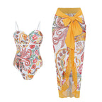 Women's Swimwear with Floral Print and Sheer Sarong Cover-Up