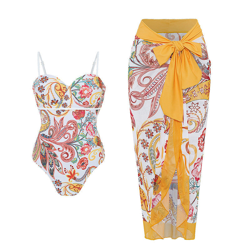 Women's Swimwear with Floral Print and Sheer Sarong Cover-Up