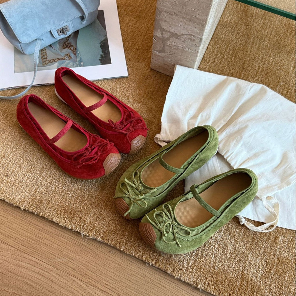 Women's Suede Ballet Flats with Strap and Decorative Bow