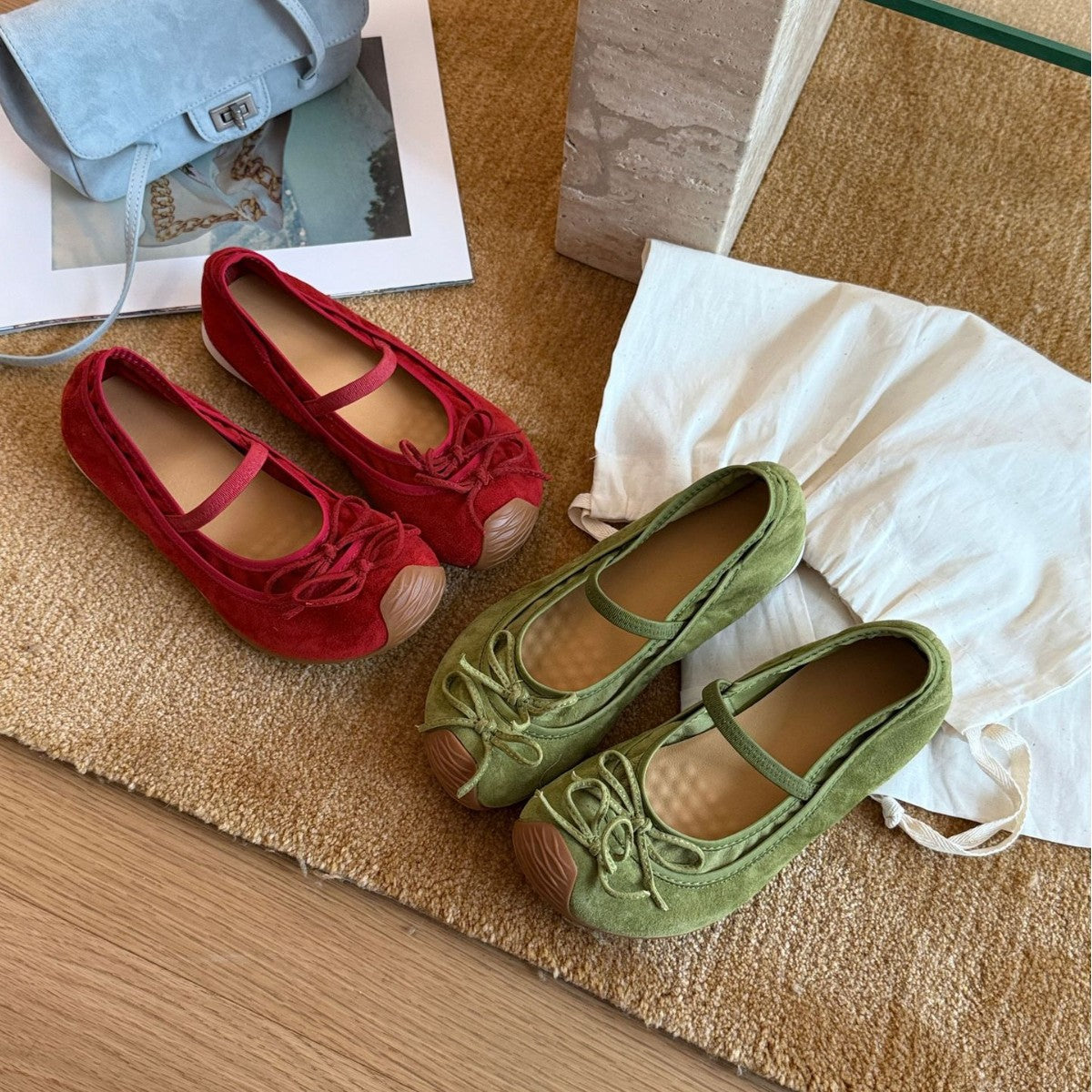 Women's Suede Ballet Flats with Strap and Decorative Bow
