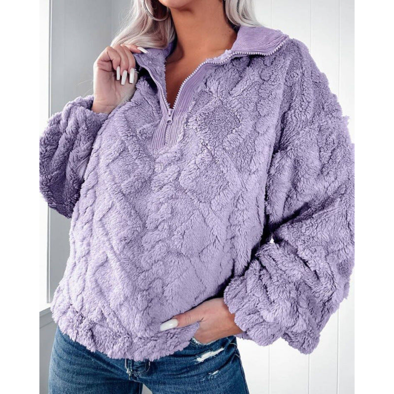Women's Fleece Sweater with Half-Zip and Textured Design