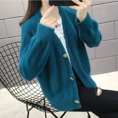 Women's Fluffy Cardigan with Elegant Button Details