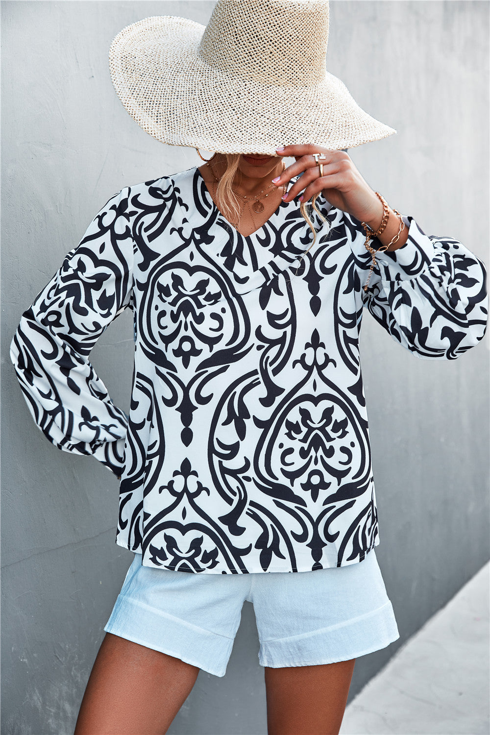 Women's Blouse with Elegant Baroque Pattern and Puff Sleeves