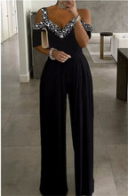 Elegant Women's Jumpsuit with Off-Shoulder Cut & Glittering Neckline