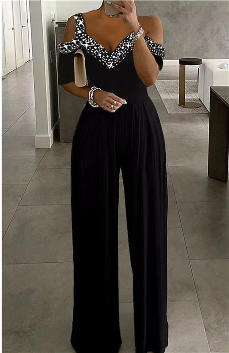 Elegant Women's Jumpsuit with Off-Shoulder Cut & Glittering Neckline