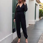 Elegant Jumpsuit with Sheer Sleeves and Deep V-Neck