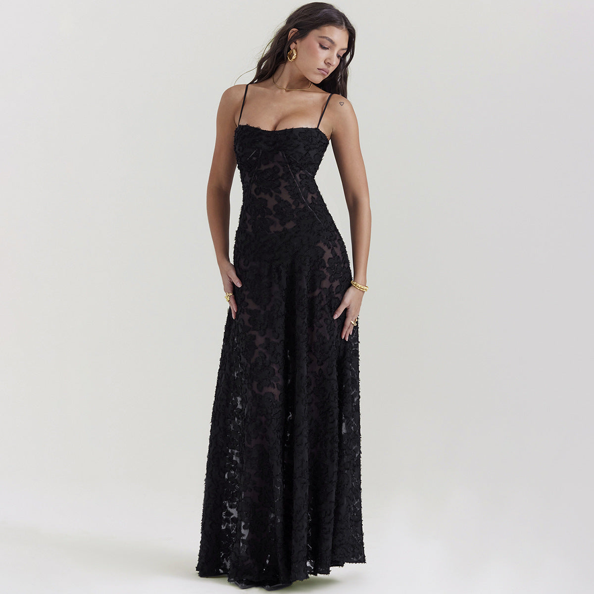 Elegant Evening Dress with Fine Lace Trim and Spaghetti Straps