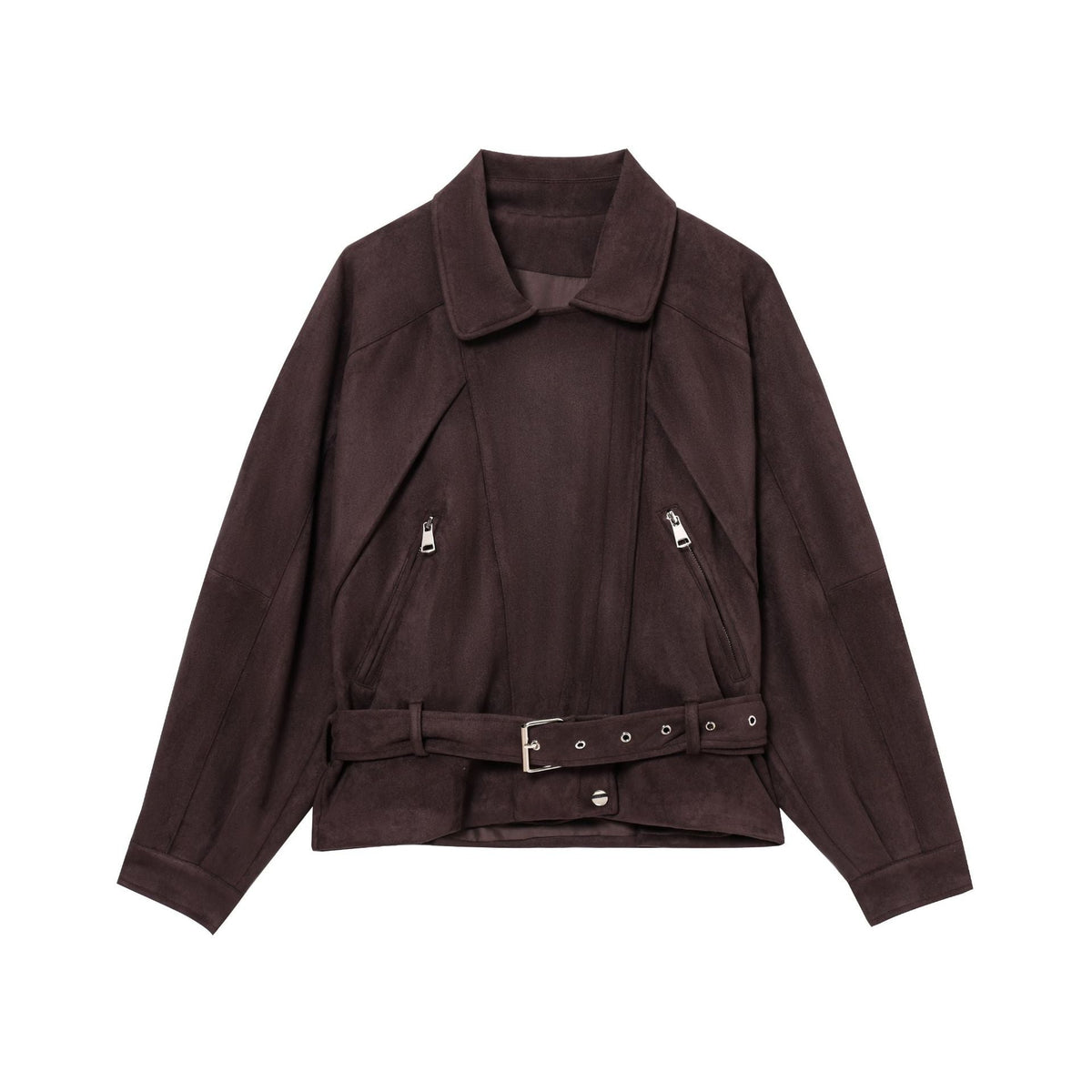 Elegant Suede Jacket with Zippers and Waist Belt