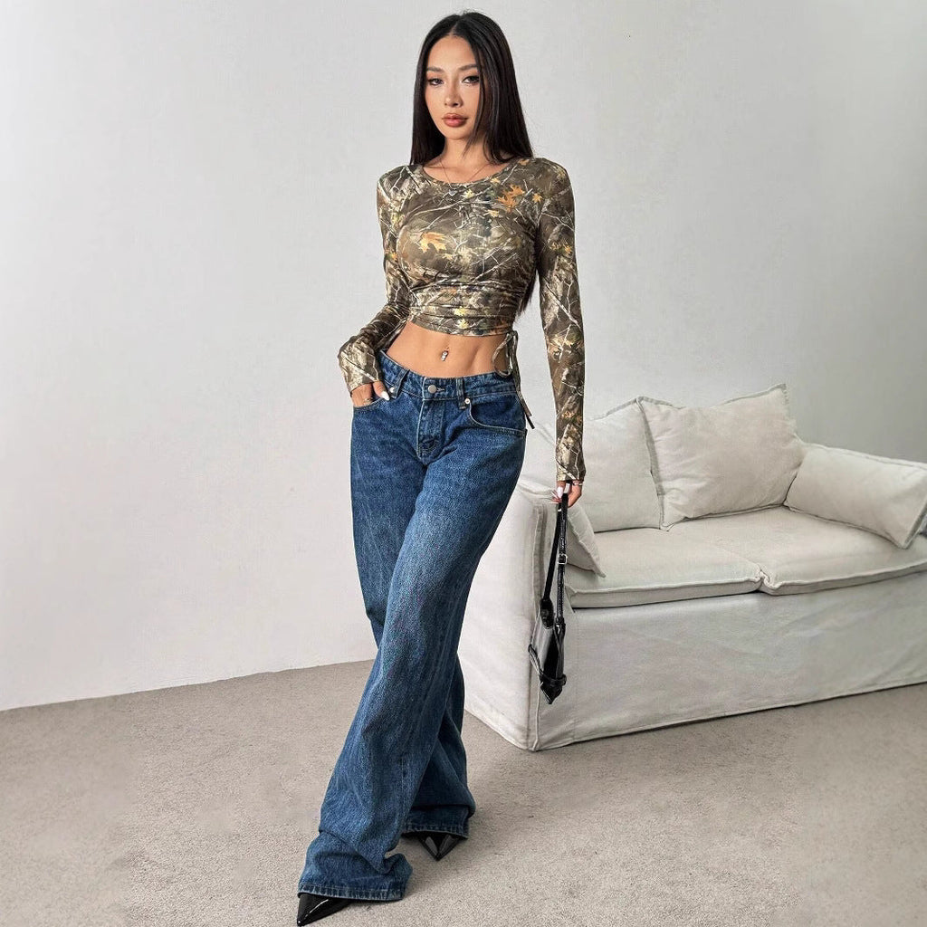 Women's Form-Fitting Long Sleeve Shirt with Ruching and Camouflage Design