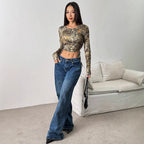 Women's Form-Fitting Long Sleeve Shirt with Ruching and Camouflage Design