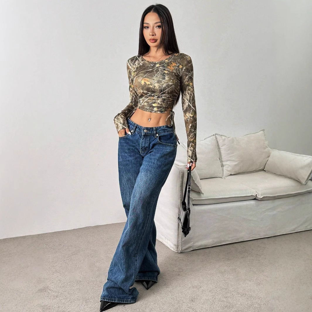 Women's Form-Fitting Long Sleeve Shirt with Ruching and Camouflage Design