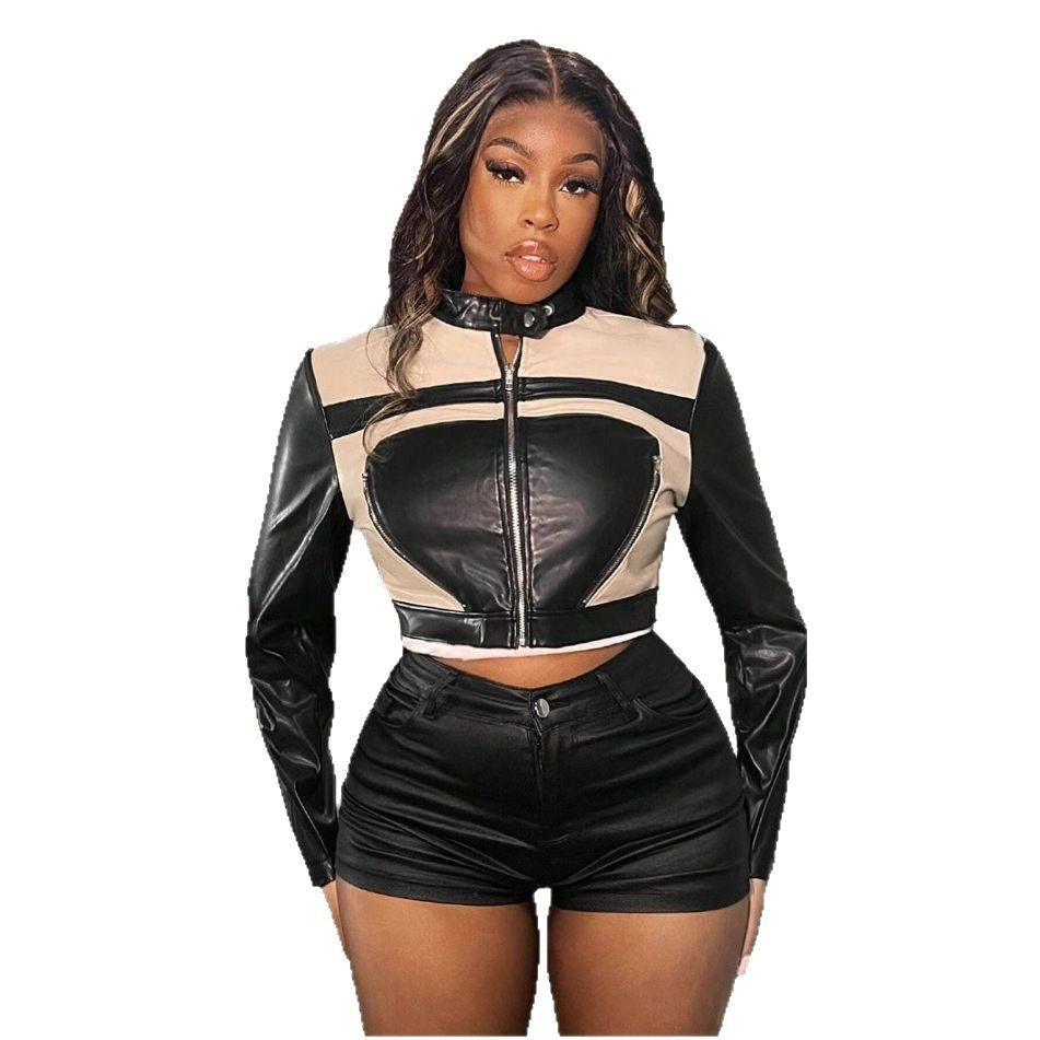 Women's Cropped Faux Leather Jacket with Sporty Decorative Details