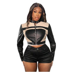 Women's Cropped Faux Leather Jacket with Sporty Decorative Details