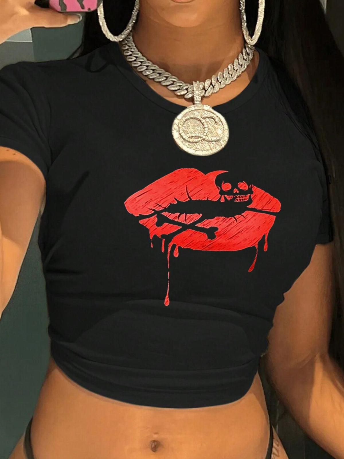 Women's Crop T-Shirt with Creative Lip Print