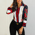 Elegant Women's Long-Sleeve Blouse with Floral Print and Chain Motif
