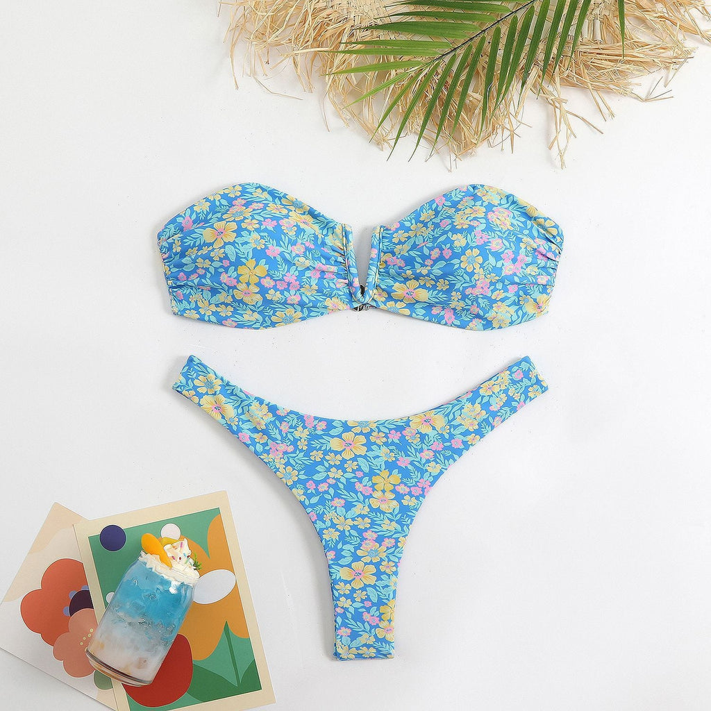 Women's Bandeau Bikini with Floral Design and Elegant Closure