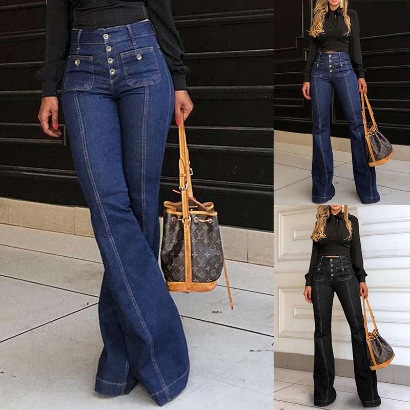 Women's High-Waisted Bootcut Jeans with Button Details