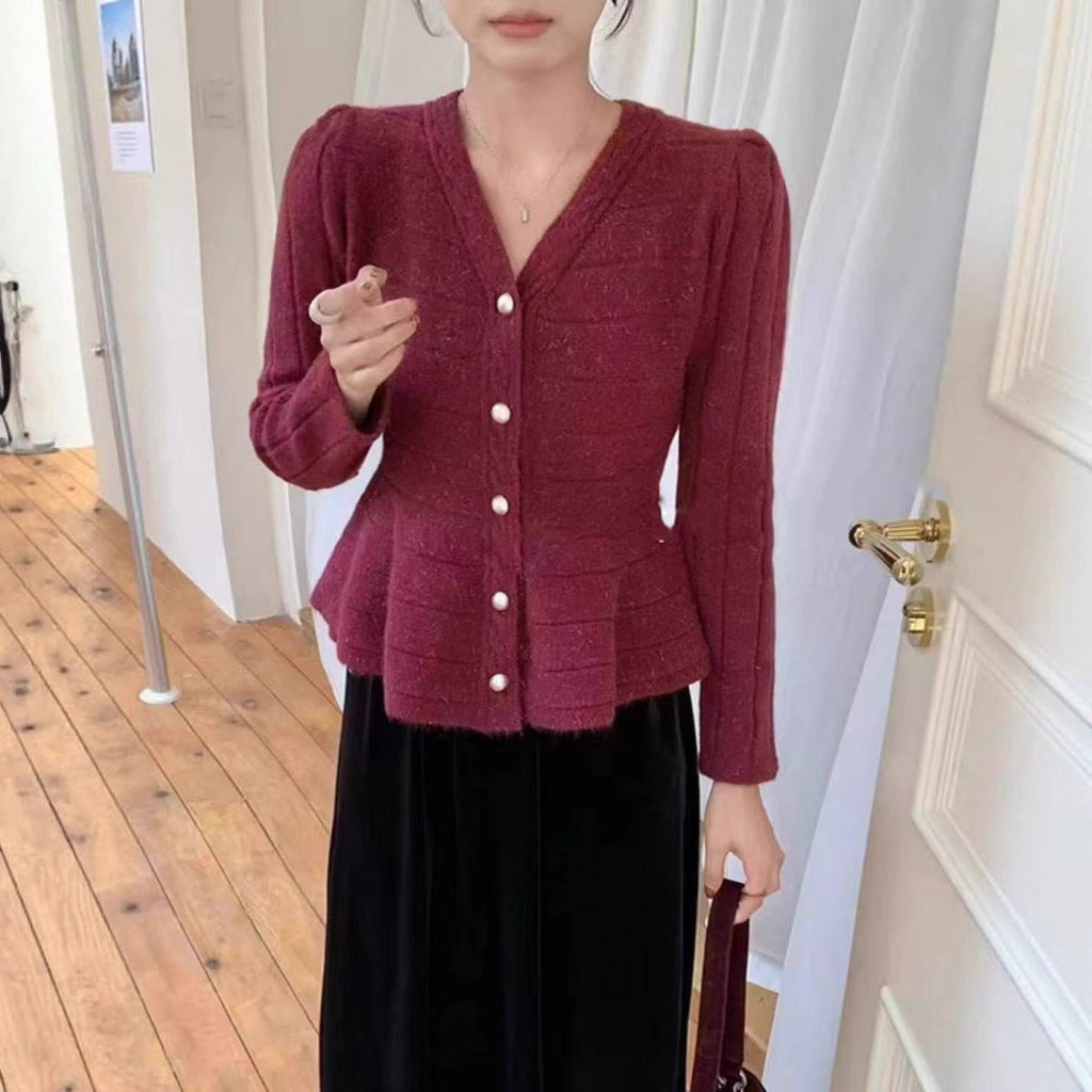 Elegant Knit Cardigan with Textured Design and Puff Sleeves