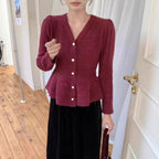 Elegant Knit Cardigan with Textured Design and Puff Sleeves