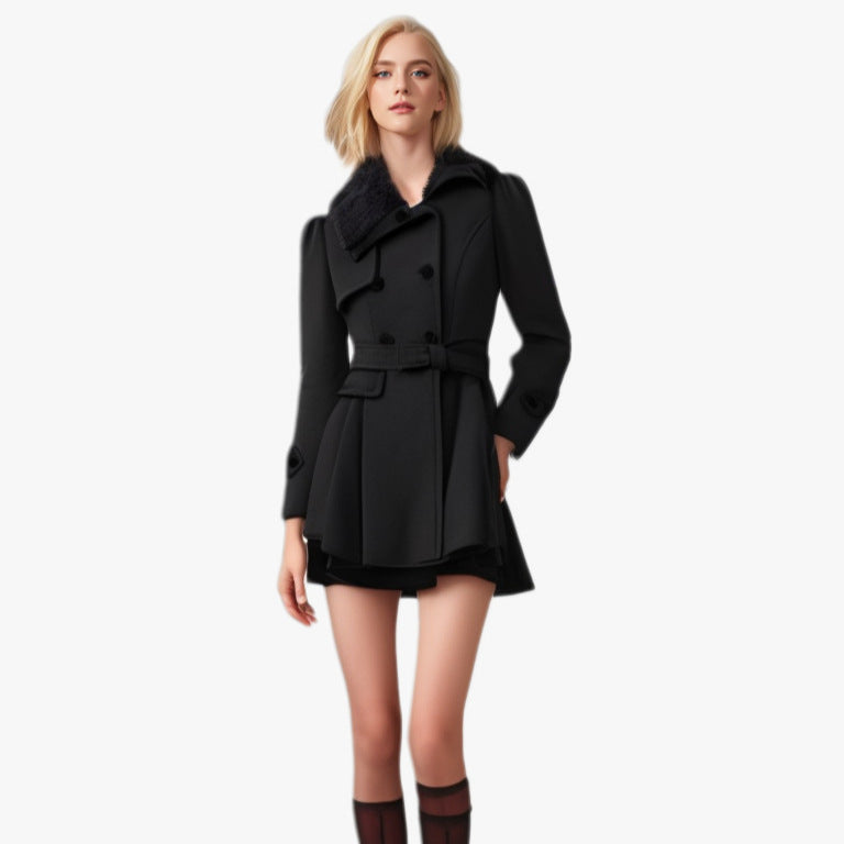 Women's Elegant Trench Coat with Detachable Faux Fur Collar and Waist Belt