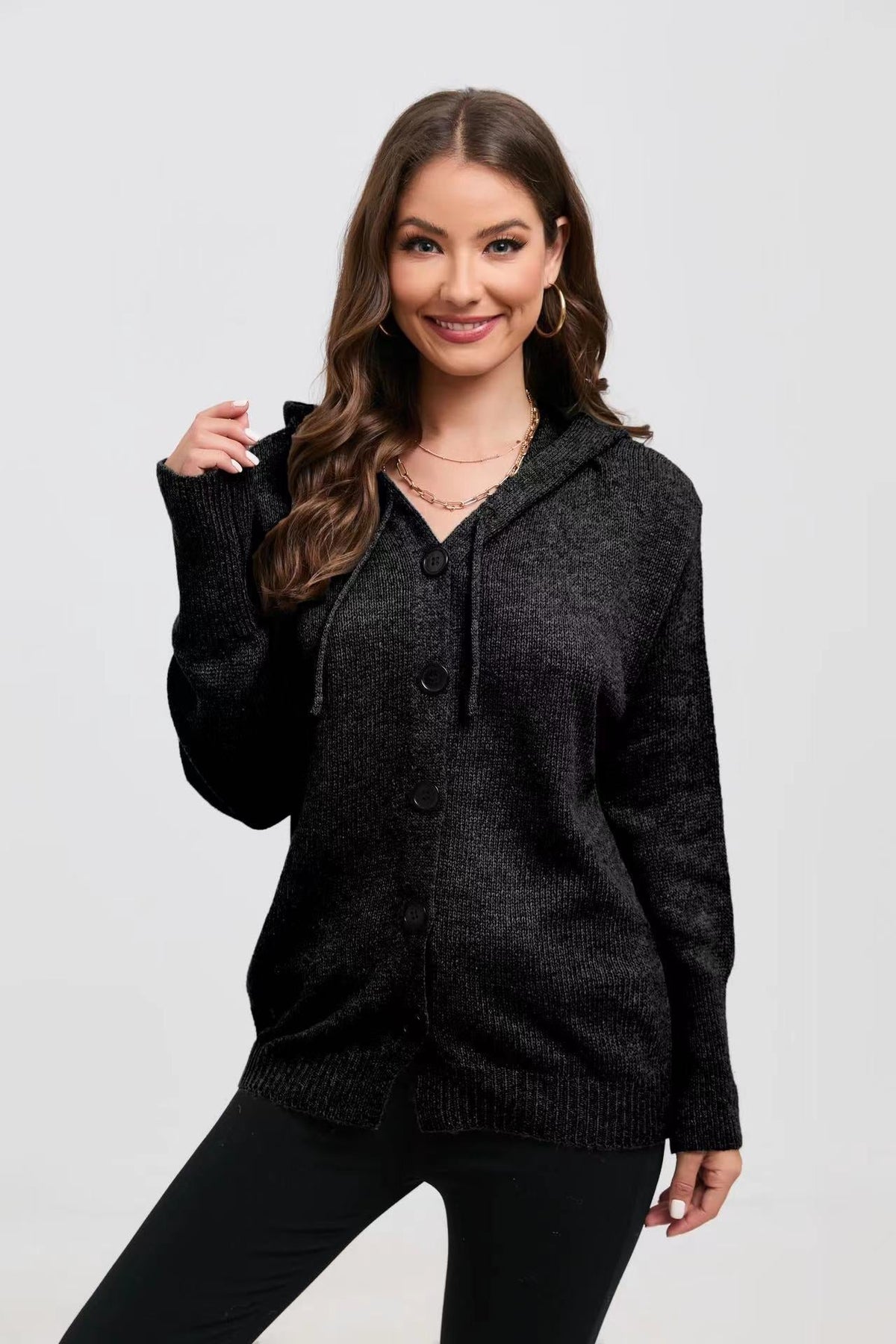 Women's Fashionable Knit Coat with Hood and Decorative Button Details