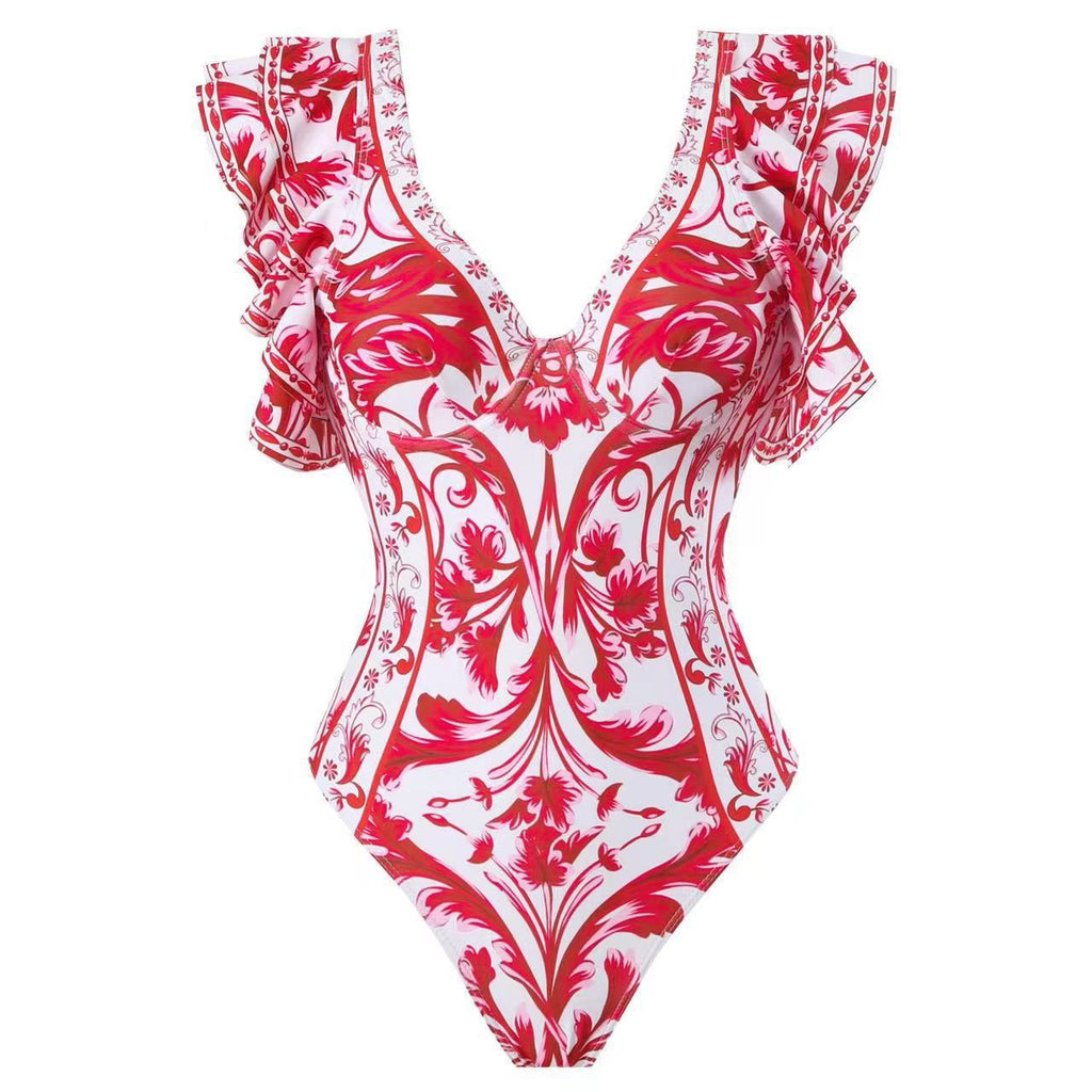 Women's Swimsuit with Fashionable Ruffle Details and Floral Wrap Skirt