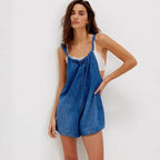 Women's Denim Jumpsuit with Ruffled Neckline and Adjustable Straps