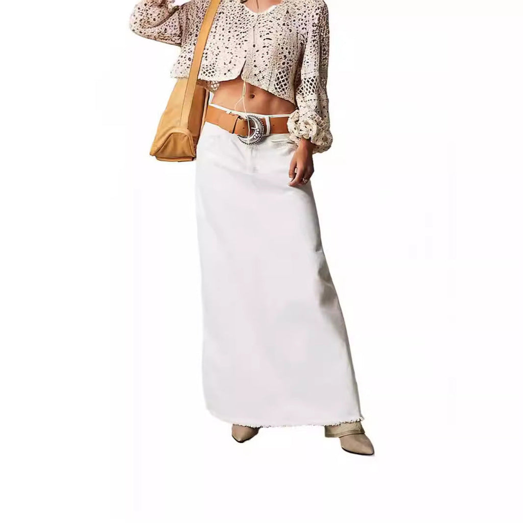 Women's Black Denim Maxi Skirt with Side Pockets and Casual Cut