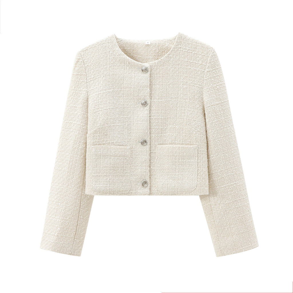 Women's Elegant Tweed-Style Short Jacket with Pockets