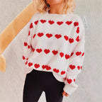 Cozy Heart Pattern Knit Sweater with Wide Sleeves