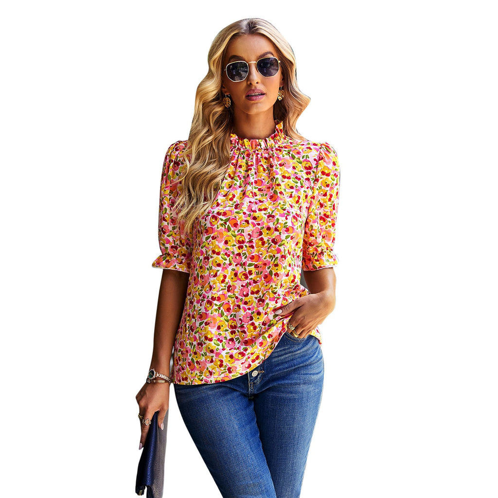 Women's Blouse with Floral Pattern and Modern Puff Sleeves