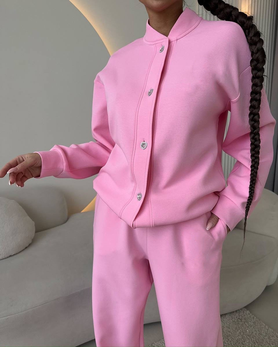 Elegant and Comfortable Leisure Set with Button Placket and Wide Cut