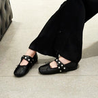 Women's Suede Ballet Flats with Fashionable Strap Design and Stylish Press Studs