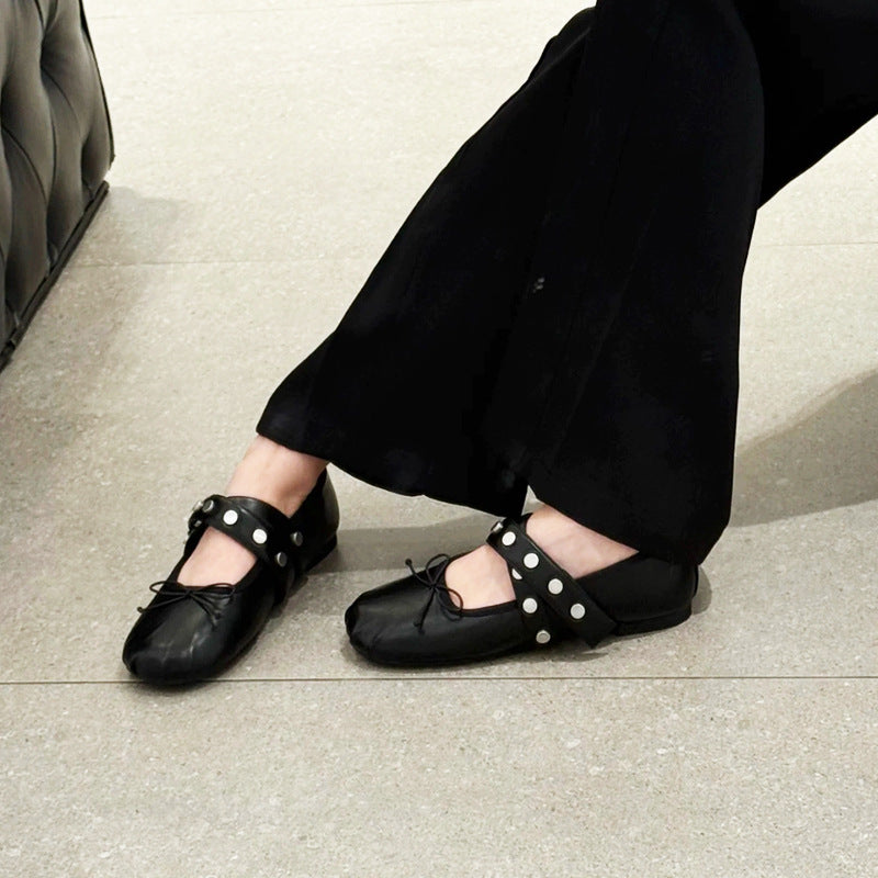 Women's Suede Ballet Flats with Fashionable Strap Design and Stylish Press Studs