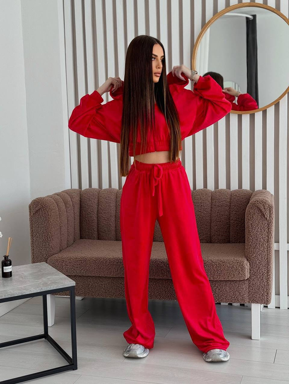 Women's Elegant Velour Lounge Set with Cropped Top and Wide-Leg Pants