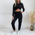 Women's Casual Two-Piece Jogging Suit with Cropped Top and Flexible Waist