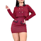 Women's Fashionable Plaid Ensemble with Deep Collar