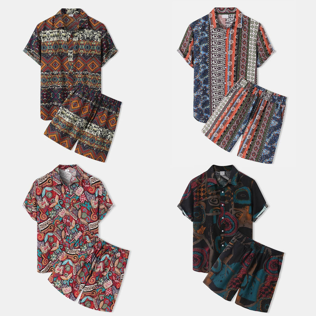 Women's Short-Sleeve Vacation Shirt with Colorful Pattern and Comfortable Shorts