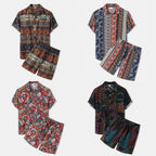 Women's Short-Sleeve Vacation Shirt with Colorful Pattern and Comfortable Shorts