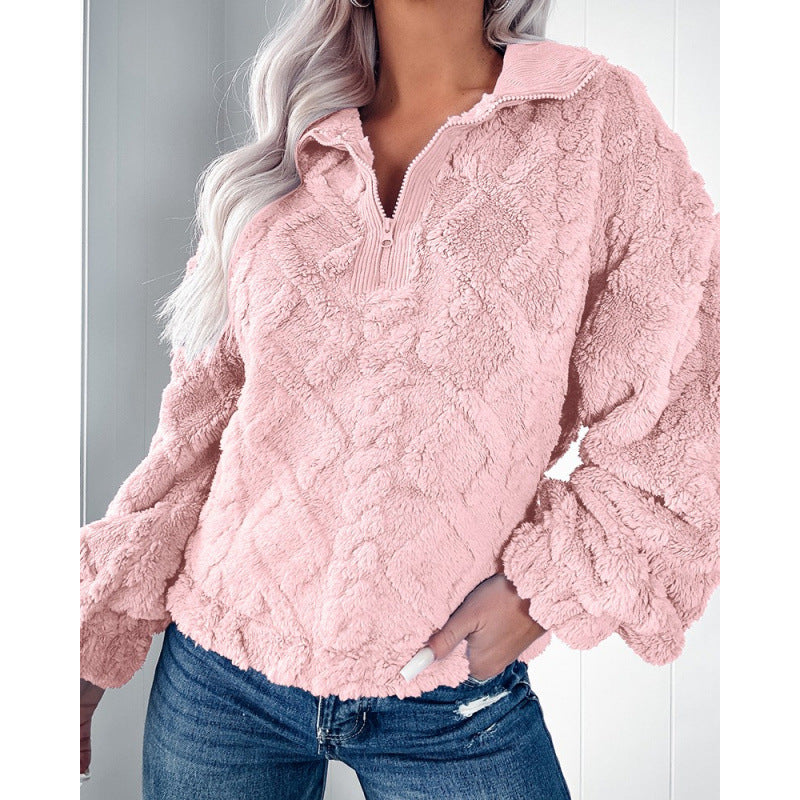 Women's Fleece Sweater with Half-Zip and Textured Design