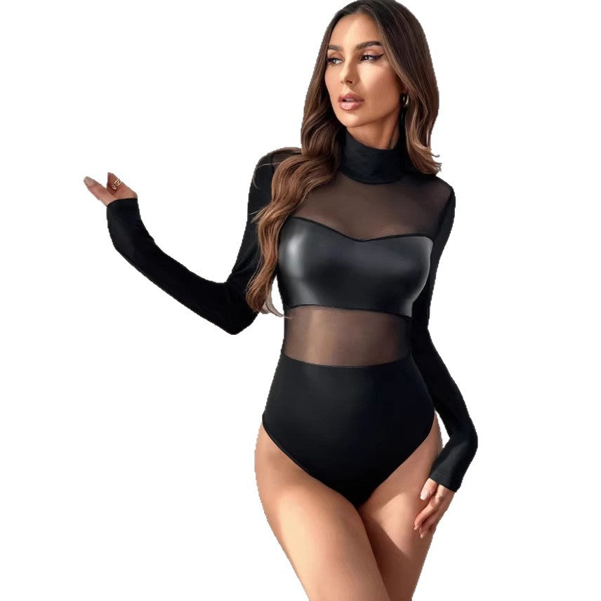 Women's Bodysuit with Sheer Inserts and Long Sleeves