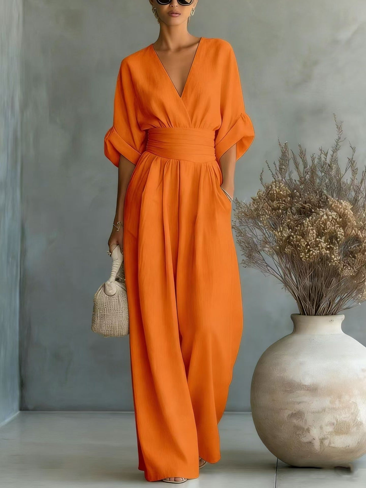 Women's Jumpsuit with Elegant V-Neck and Wide Leg