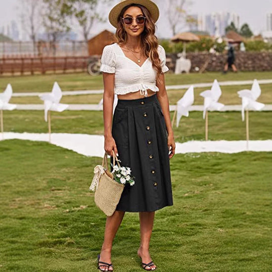 Women's Midi Skirt with Button Placket and Pockets
